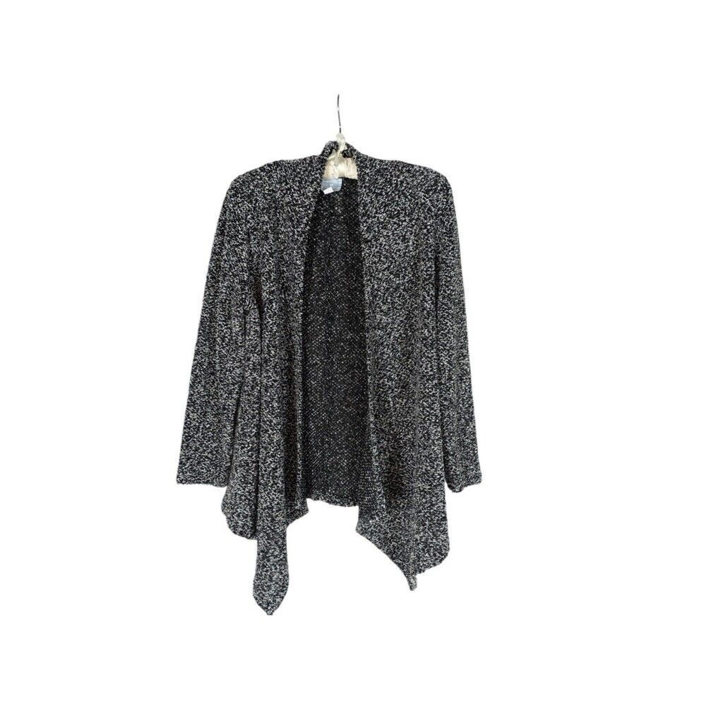 Sunday Black White Bouclé Open Front Draped Cardigan Sweater Size L Marled